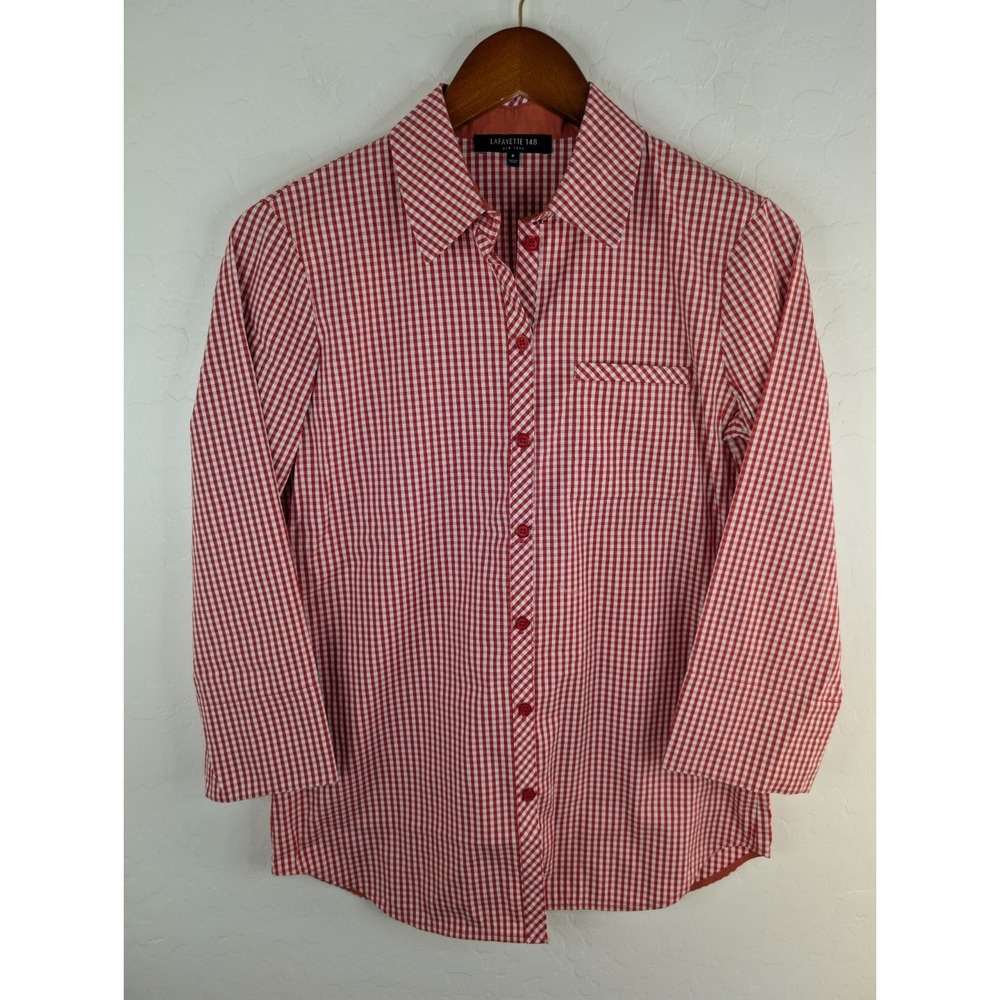 Lafayette 148 New York Blouse Women Petite Red White Check‎ Button Stretch Shirt